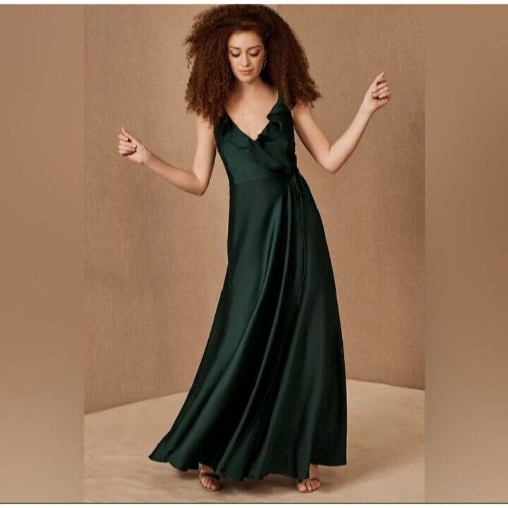 BHLDN Dress Green  Emerald Tansy Satin Charmeuse Wrap  Formal Maxi Dress Size 16